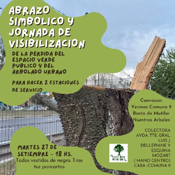 Realizarán un Abrazo Simbólico y una Jornada de Visibilización de la pérdida de Espacio Verde Público y Arbolado Urbano en la Comuna 9 